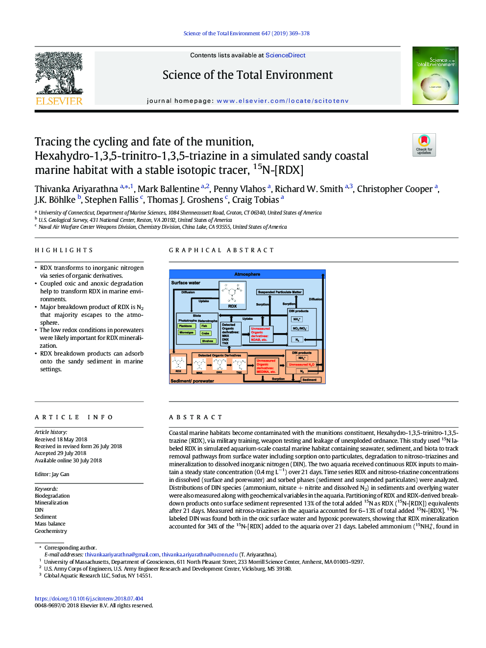 Tracing the cycling and fate of the munition, Hexahydro-1,3,5-trinitro-1,3,5-triazine in a simulated sandy coastal marine habitat with a stable isotopic tracer, 15N-[RDX]