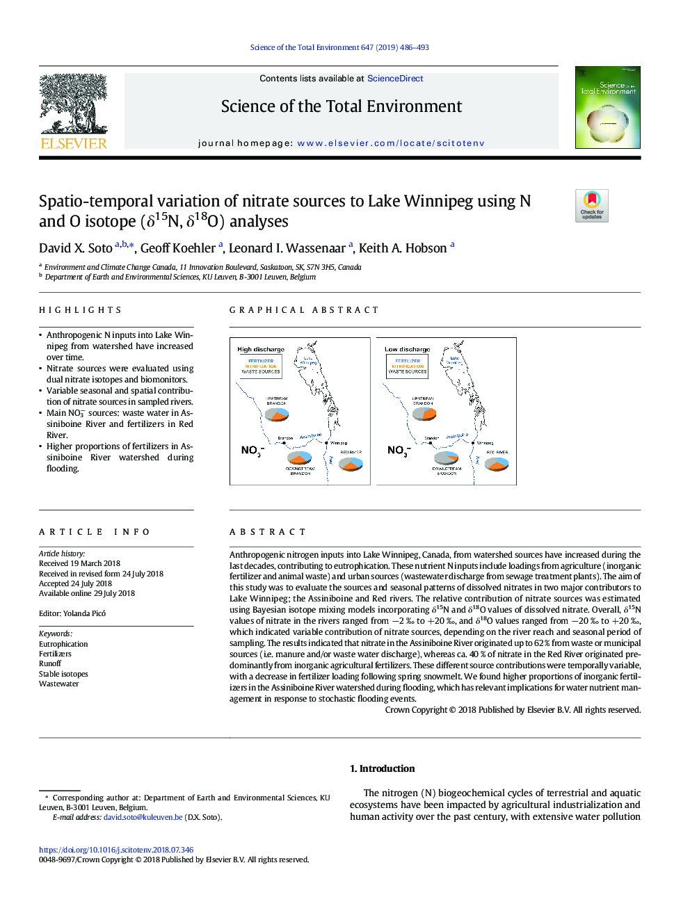 Spatio Temporal Variation Of Nitrate Sources To Lake Winnipeg Using N And O Isotope I
