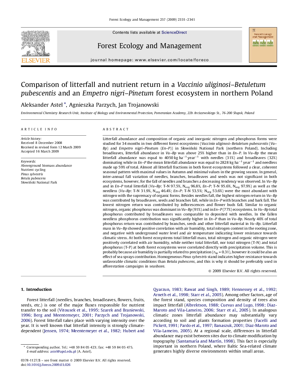 Comparison of litterfall and nutrient return in a Vaccinio uliginosi–Betuletum pubescentis and an Empetro nigri–Pinetum forest ecosystem in northern Poland