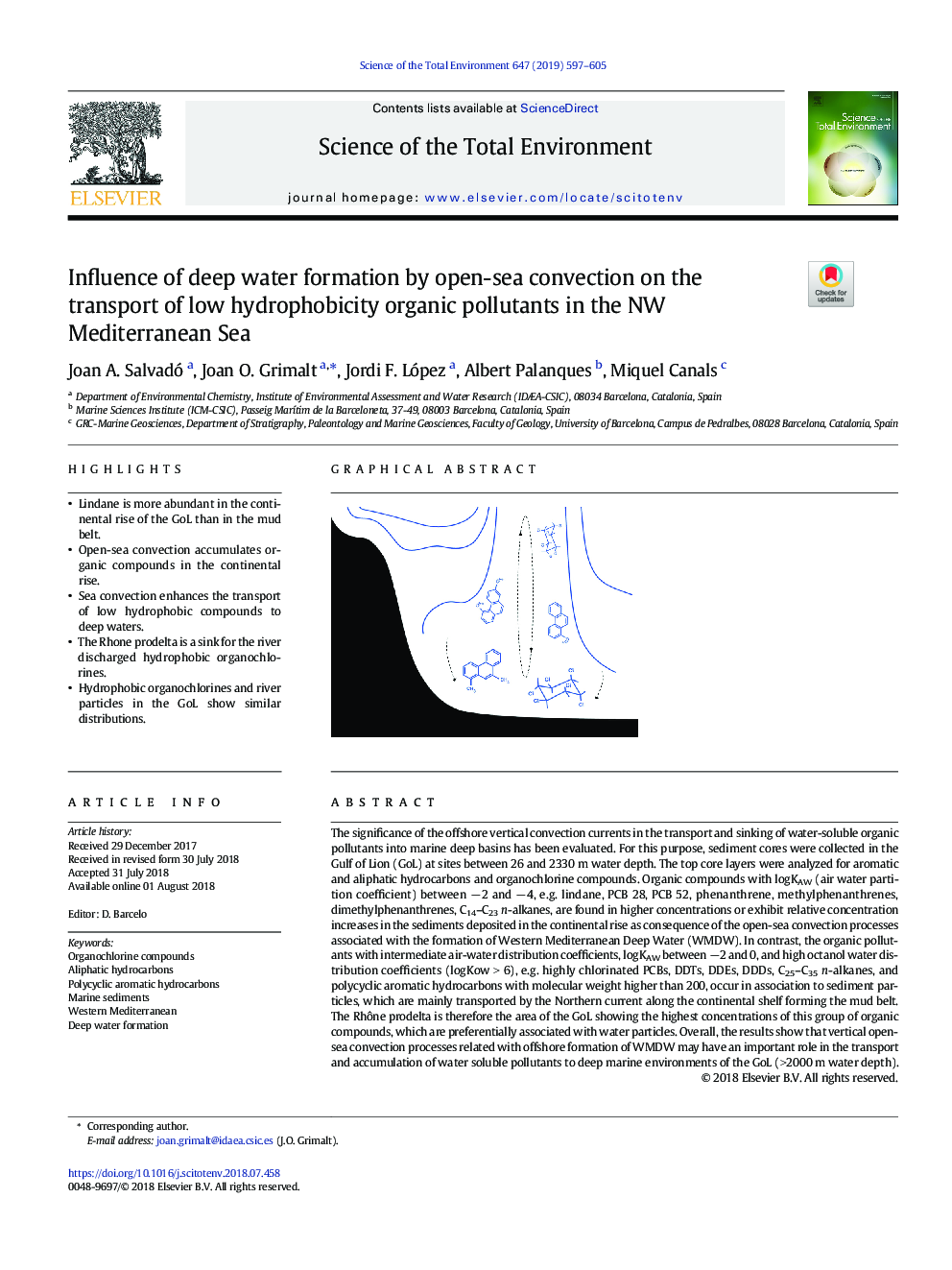 Influence of deep water formation by open-sea convection on the transport of low hydrophobicity organic pollutants in the NW Mediterranean Sea