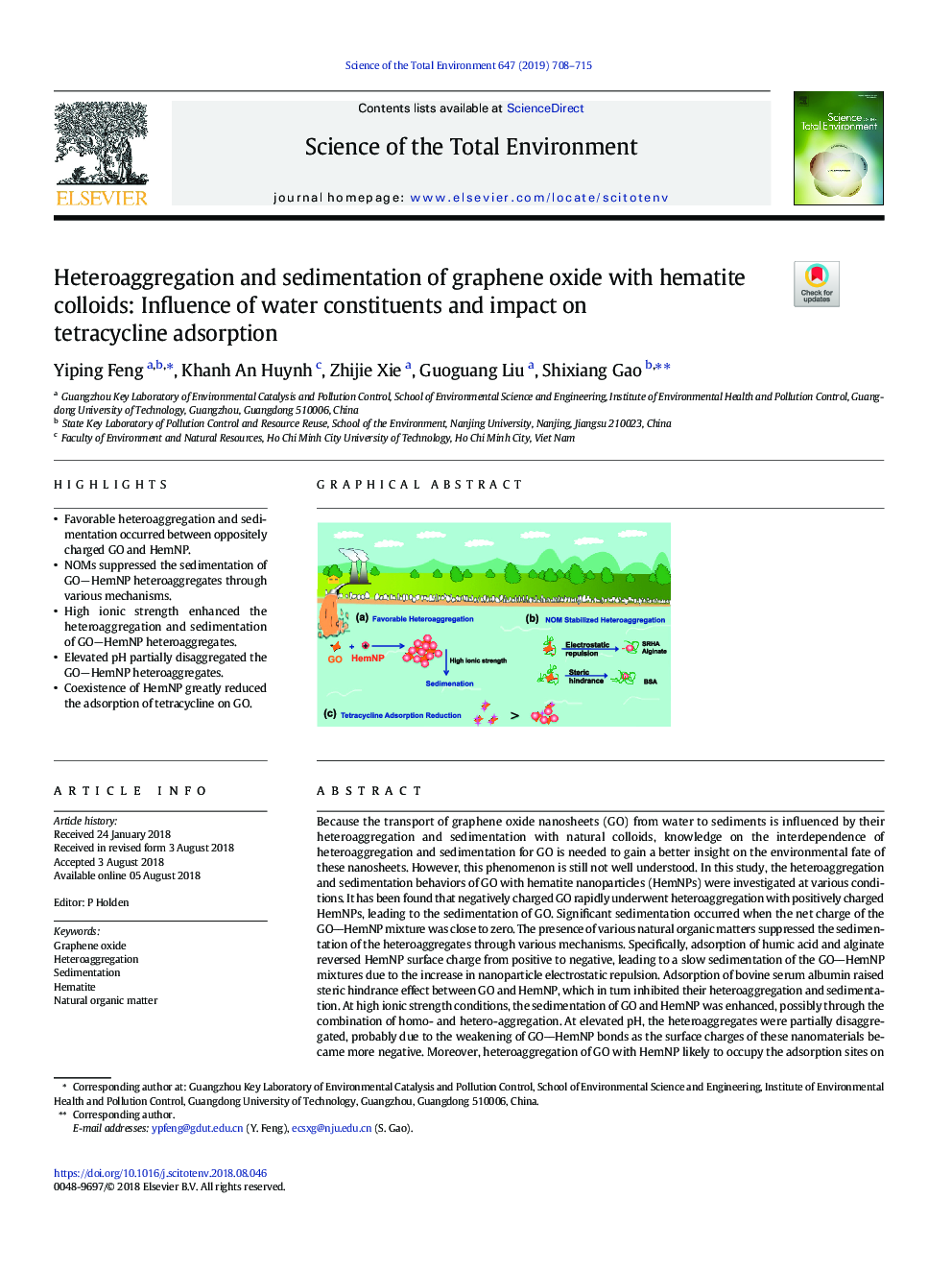 Heteroaggregation and sedimentation of graphene oxide with hematite colloids: Influence of water constituents and impact on tetracycline adsorption