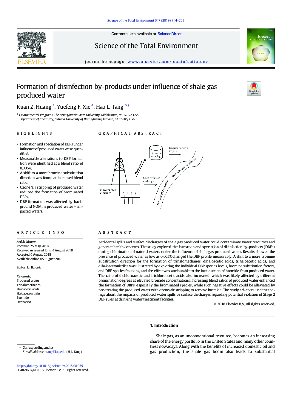 Formation of disinfection by-products under influence of shale gas produced water