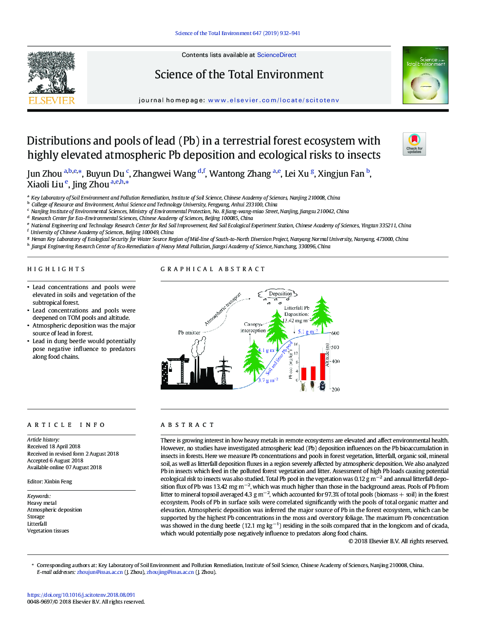 Distributions and pools of lead (Pb) in a terrestrial forest ecosystem with highly elevated atmospheric Pb deposition and ecological risks to insects