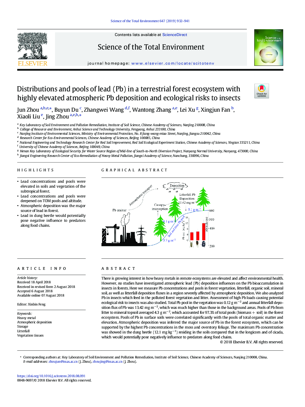 عکس صفحه اول مقاله: Distributions and pools of lead (Pb) in a terrestrial forest ecosystem with highly elevated atmospheric Pb deposition and ecological risks to insects Distributions and pools of lead (Pb) in a terrestrial forest ecosystem with highly elevated atmospheric Pb deposition and ecological risks to insects