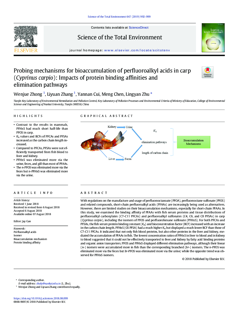 Probing mechanisms for bioaccumulation of perfluoroalkyl acids in carp (Cyprinus carpio): Impacts of protein binding affinities and elimination pathways