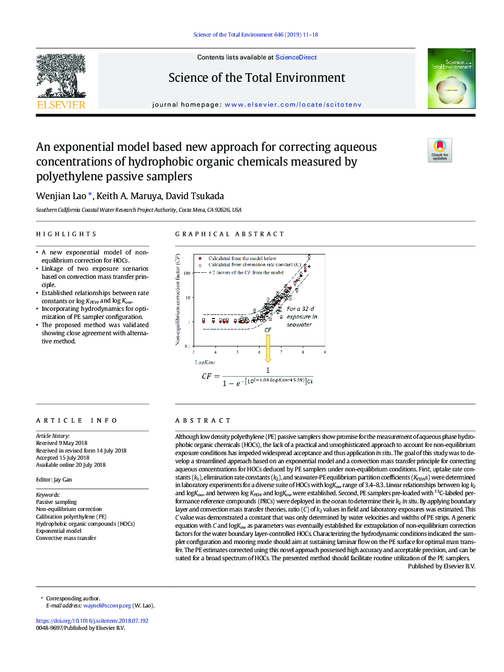 An exponential model based new approach for correcting aqueous concentrations of hydrophobic organic chemicals measured by polyethylene passive samplers