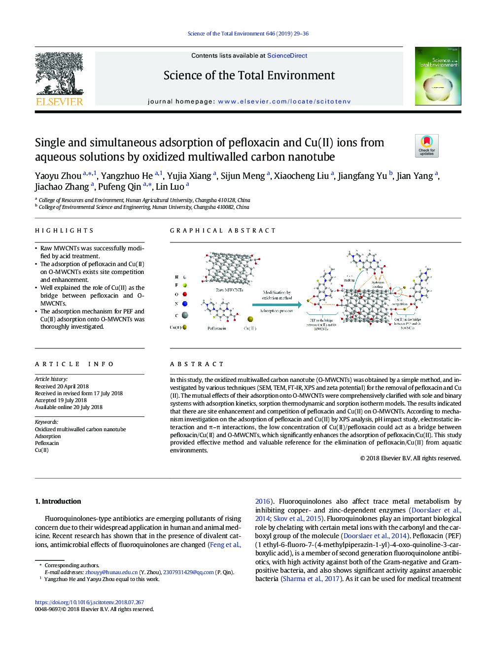 Single and simultaneous adsorption of pefloxacin and Cu(II) ions from aqueous solutions by oxidized multiwalled carbon nanotube