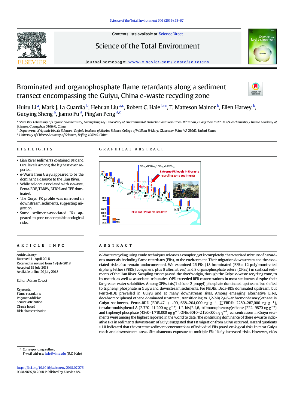 Brominated and organophosphate flame retardants along a sediment transect encompassing the Guiyu, China e-waste recycling zone