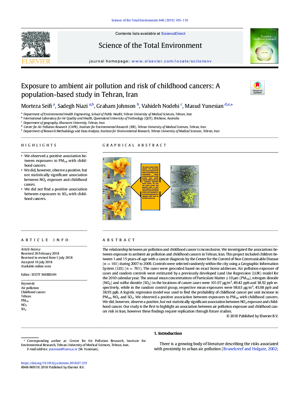 Exposure to ambient air pollution and risk of childhood cancers: A population-based study in Tehran, Iran