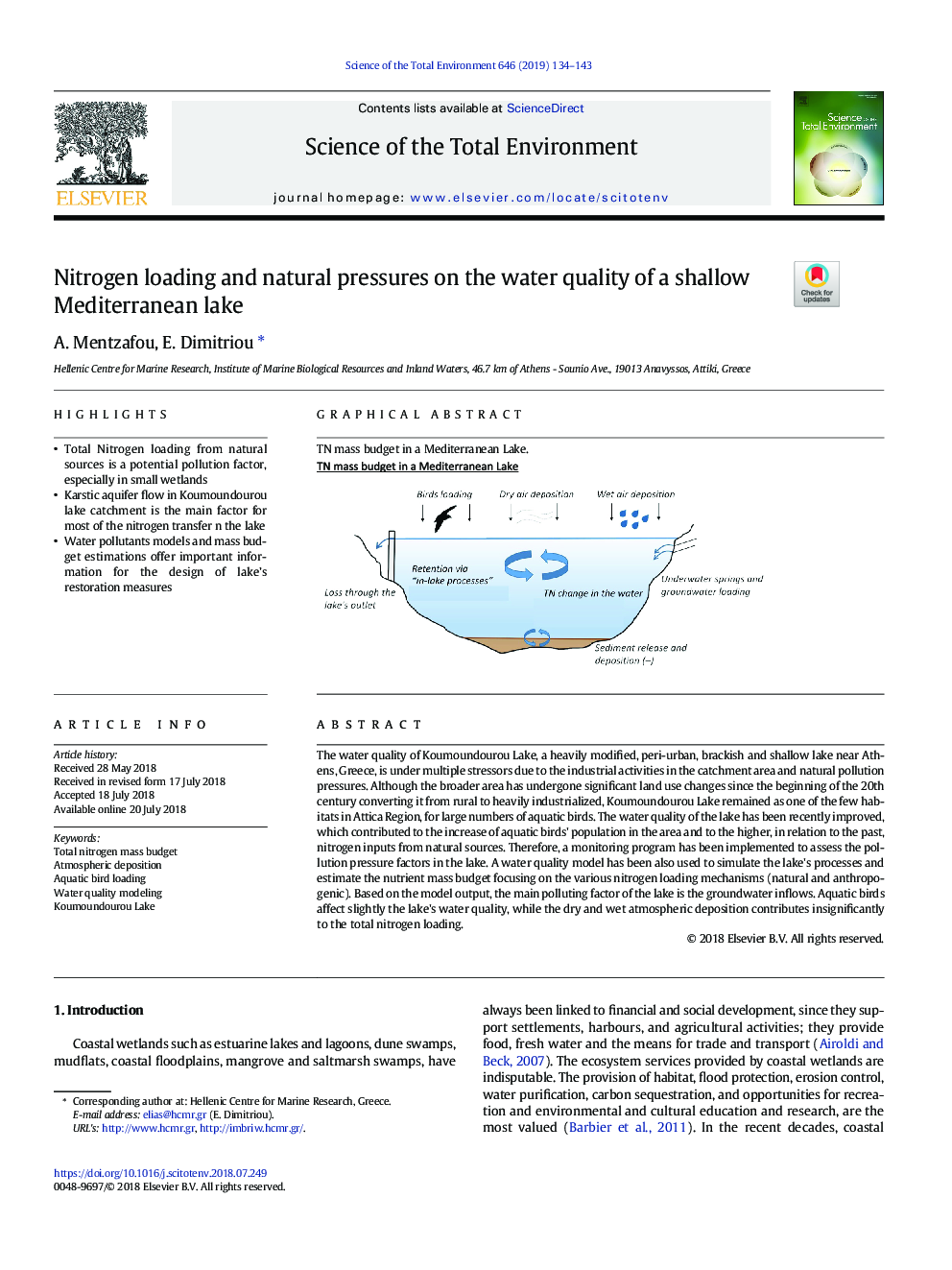 Nitrogen loading and natural pressures on the water quality of a shallow Mediterranean lake