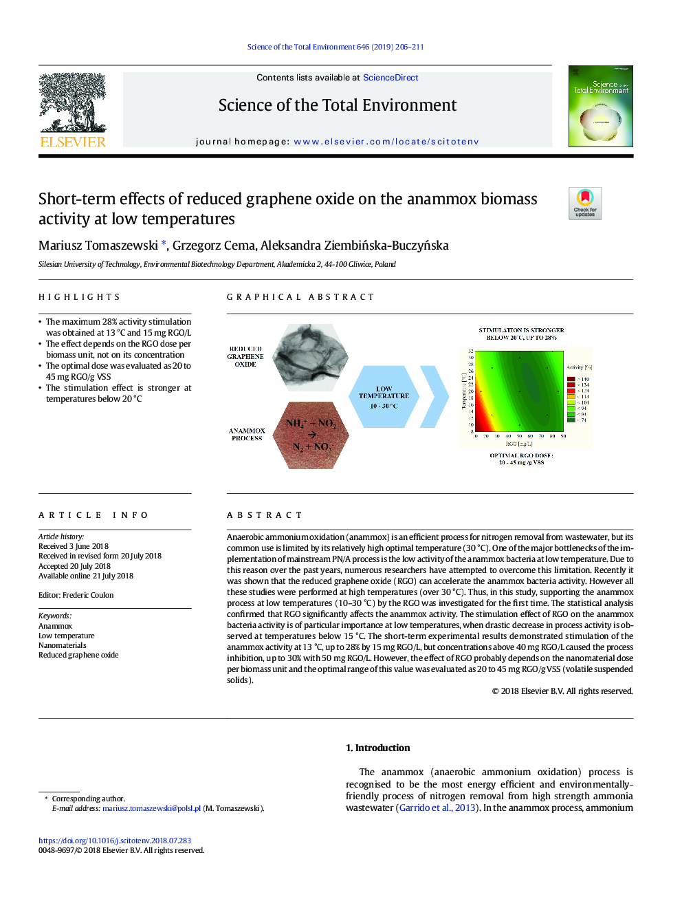 Short-term effects of reduced graphene oxide on the anammox biomass activity at low temperatures