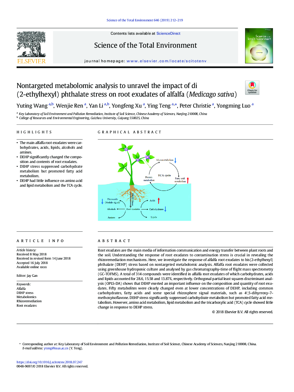 Nontargeted metabolomic analysis to unravel the impact of di (2-ethylhexyl) phthalate stress on root exudates of alfalfa (Medicago sativa)