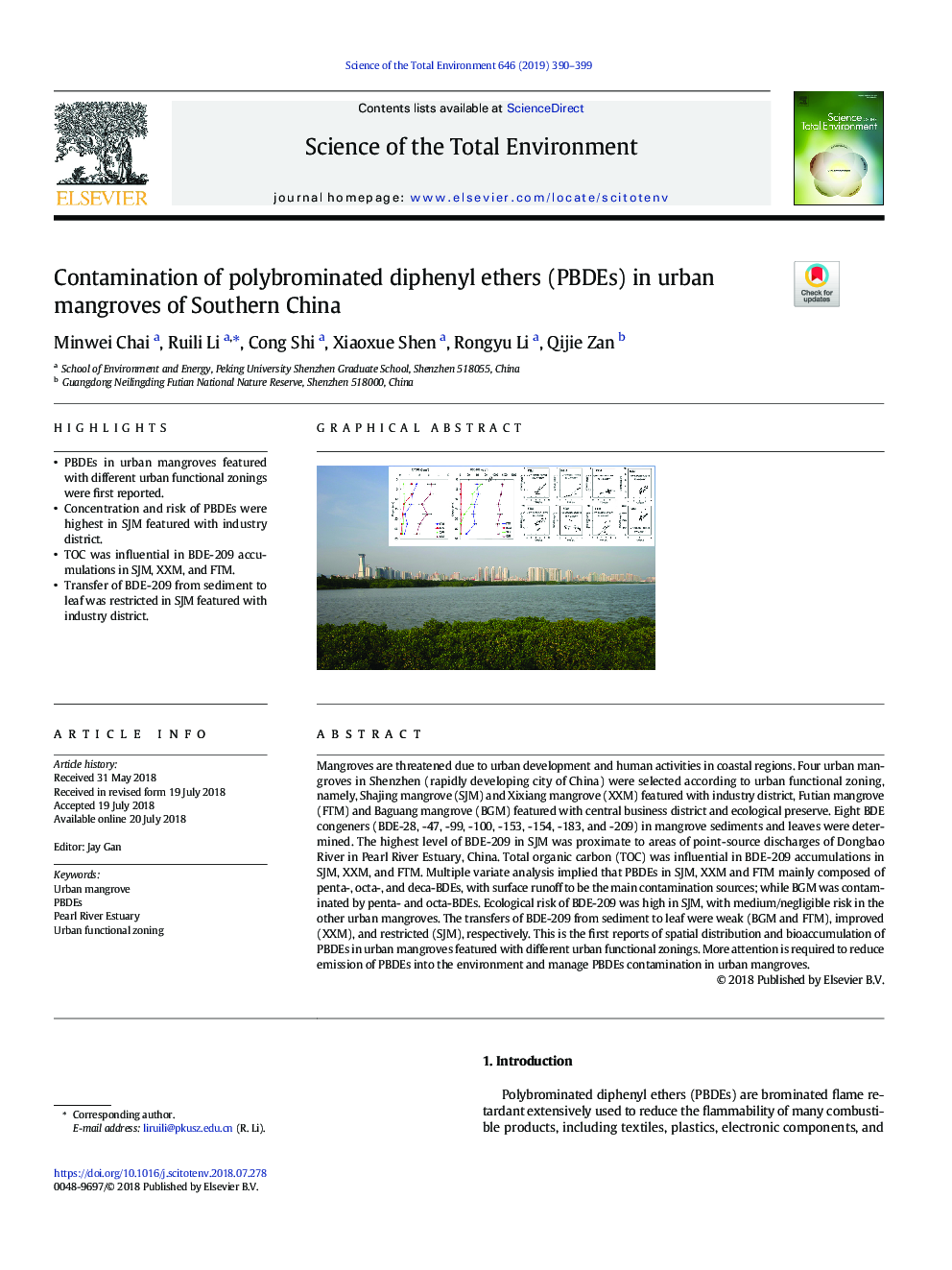 Contamination of polybrominated diphenyl ethers (PBDEs) in urban mangroves of Southern China