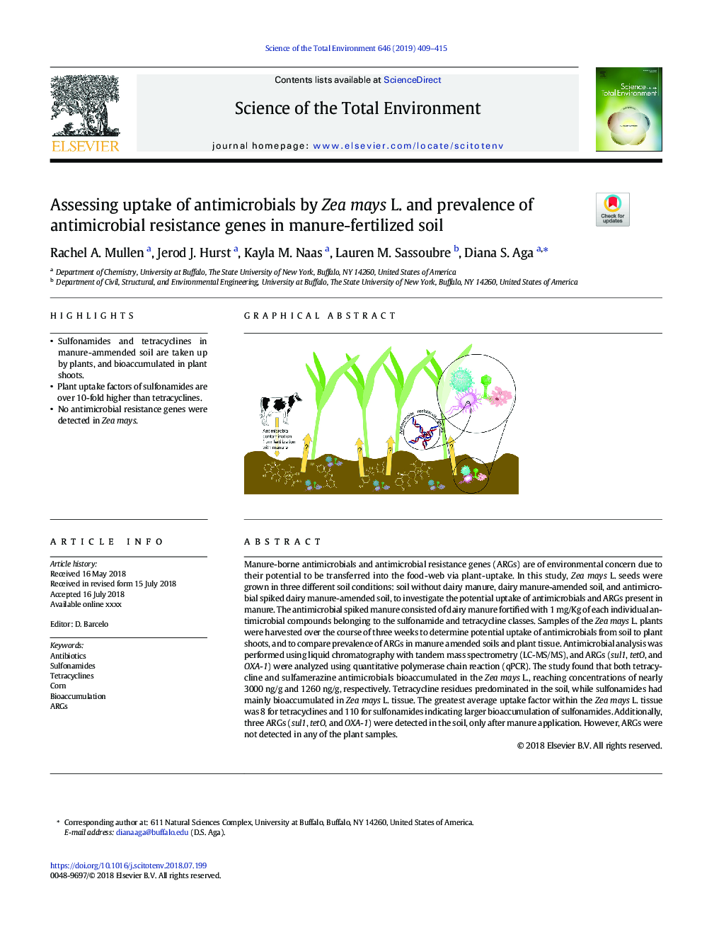 Assessing uptake of antimicrobials by Zea mays L. and prevalence of antimicrobial resistance genes in manure-fertilized soil