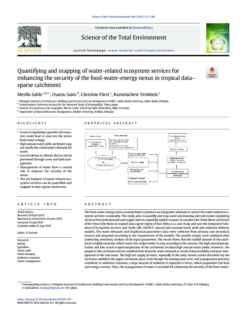 Quantifying and mapping of water-related ecosystem services for enhancing the security of the food-water-energy nexus in tropical data-sparse catchment