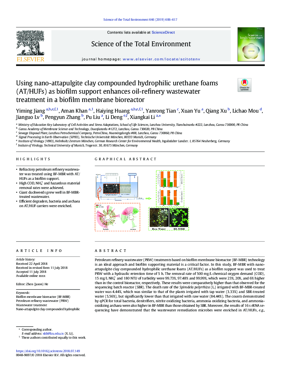 Using nano-attapulgite clay compounded hydrophilic urethane foams (AT/HUFs) as biofilm support enhances oil-refinery wastewater treatment in a biofilm membrane bioreactor
