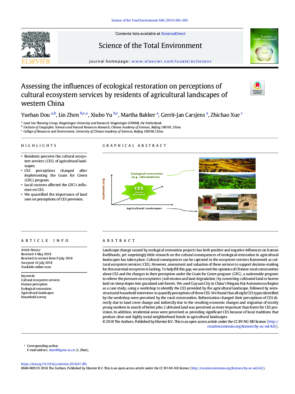 Assessing the influences of ecological restoration on perceptions of cultural ecosystem services by residents of agricultural landscapes of western China