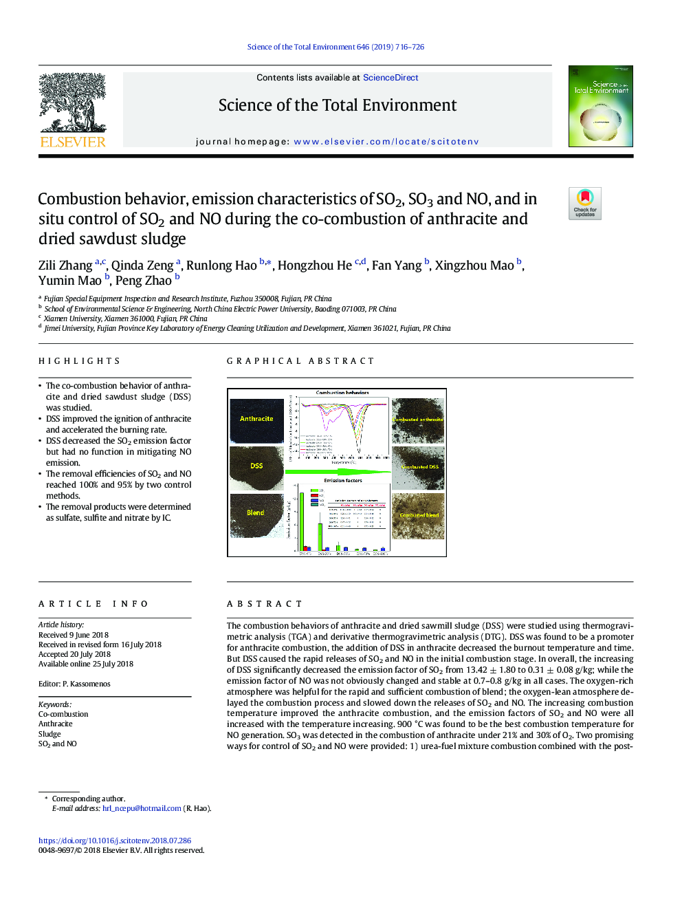 Combustion behavior, emission characteristics of SO2, SO3 and NO, and in situ control of SO2 and NO during the co-combustion of anthracite and dried sawdust sludge