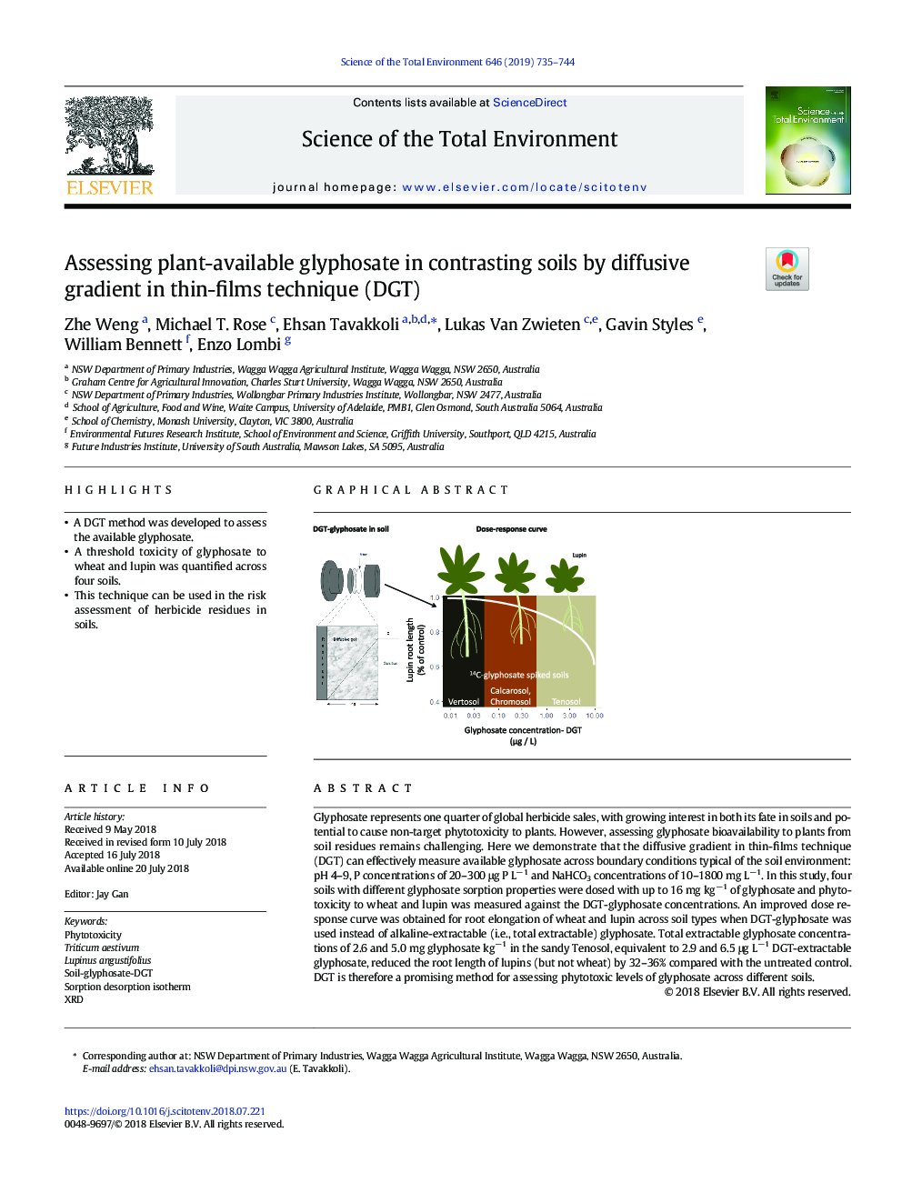 Assessing plant-available glyphosate in contrasting soils by diffusive gradient in thin-films technique (DGT)