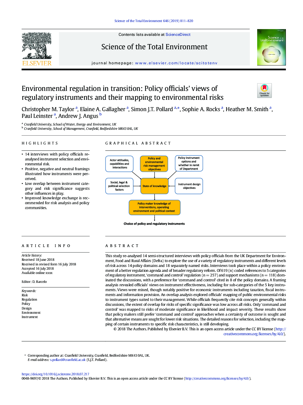 Environmental regulation in transition: Policy officials' views of regulatory instruments and their mapping to environmental risks
