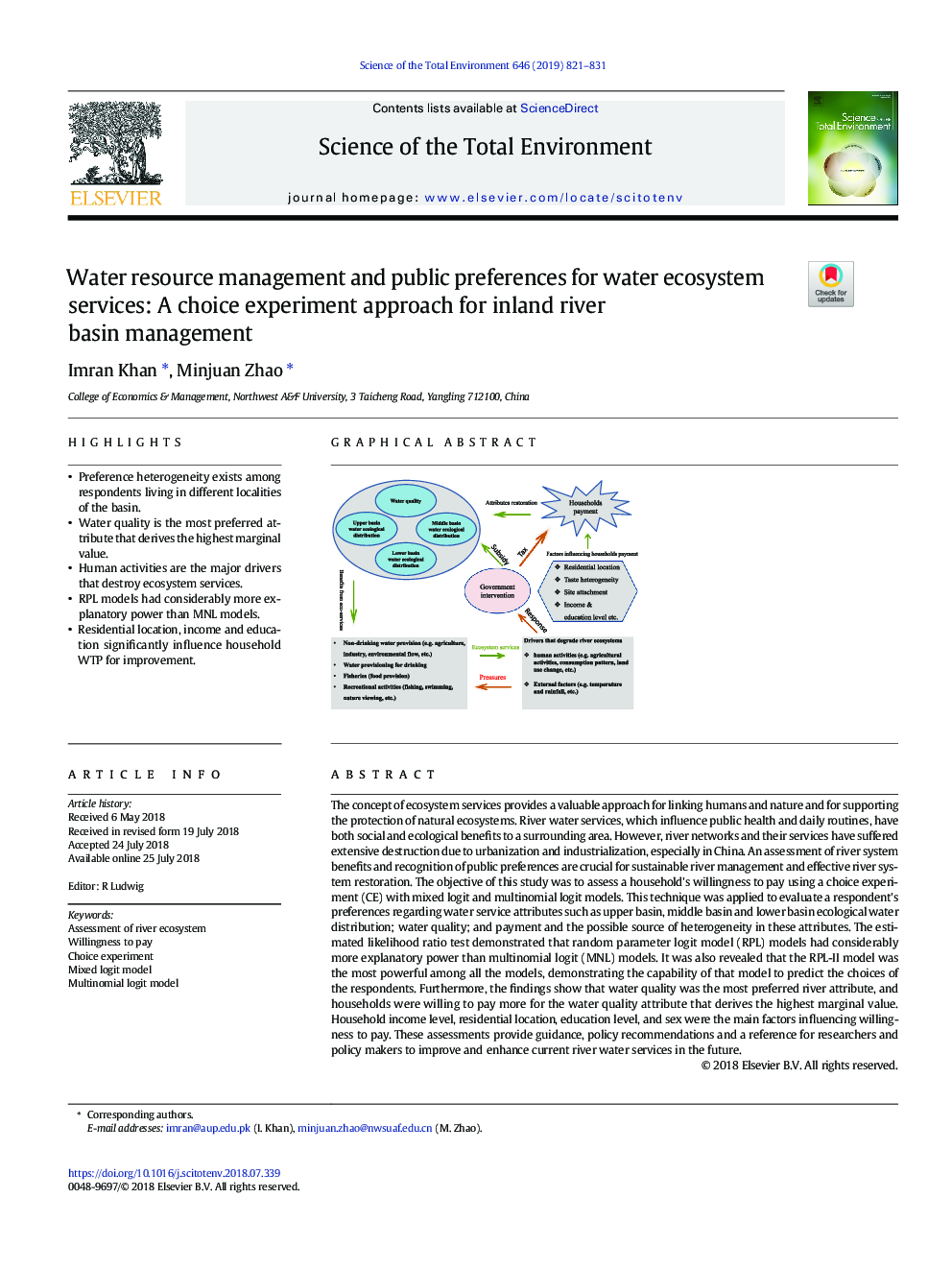 مدیریت منابع آب و تنظیمات عمومی برای خدمات اکوسیستم آب: یک روش آزمایشی انتخاب برای مدیریت حوضه رودخانه داخلی