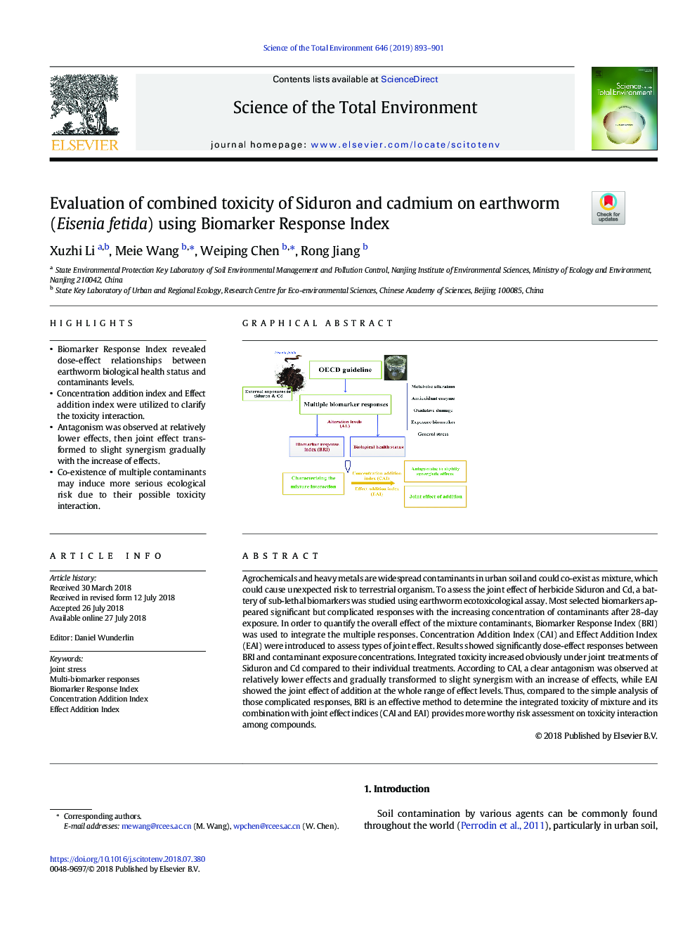 Evaluation of combined toxicity of Siduron and cadmium on earthworm (Eisenia fetida) using Biomarker Response Index