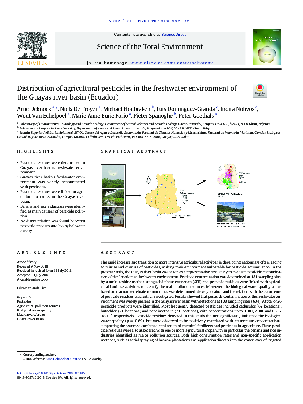 Distribution of agricultural pesticides in the freshwater environment of the Guayas river basin (Ecuador)
