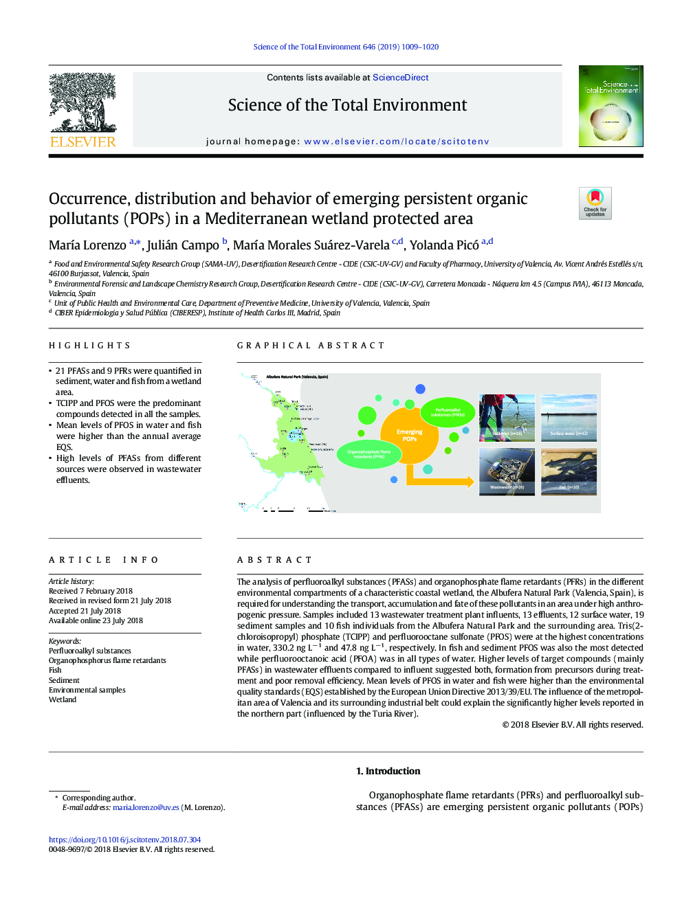 Occurrence, distribution and behavior of emerging persistent organic pollutants (POPs) in a Mediterranean wetland protected area