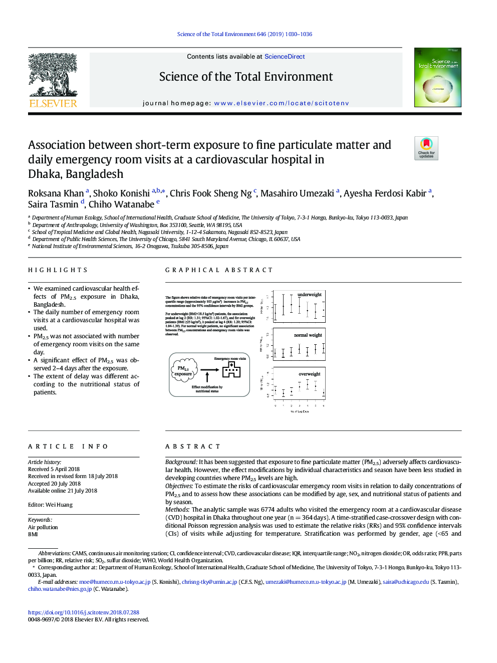 Association between short-term exposure to fine particulate matter and daily emergency room visits at a cardiovascular hospital in Dhaka, Bangladesh