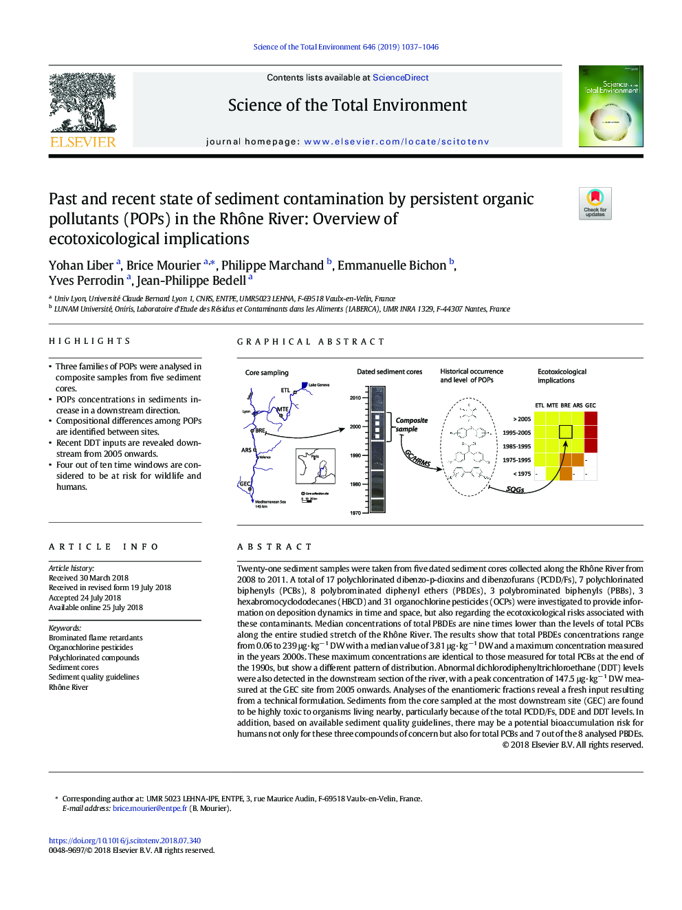 Past and recent state of sediment contamination by persistent organic pollutants (POPs) in the RhÃ´ne River: Overview of ecotoxicological implications