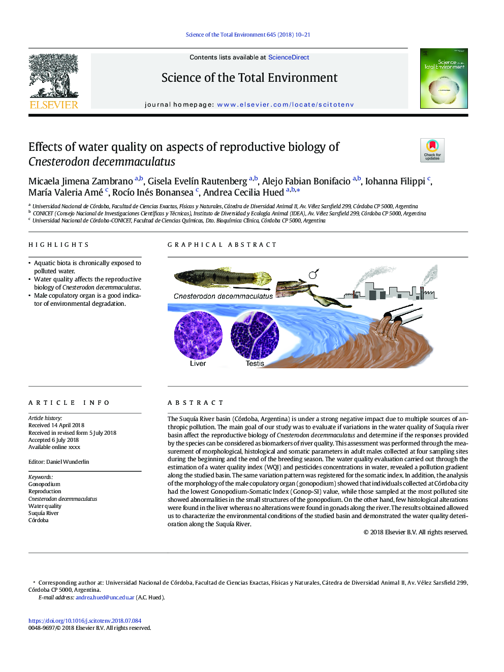 Effects of water quality on aspects of reproductive biology of Cnesterodon decemmaculatus