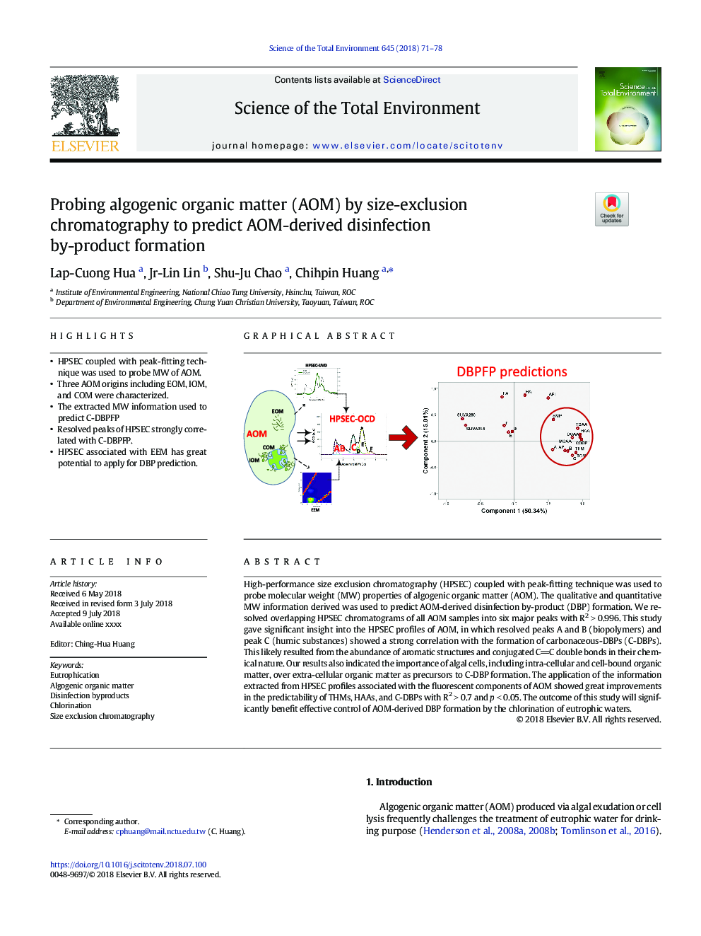 Probing algogenic organic matter (AOM) by size-exclusion chromatography to predict AOM-derived disinfection by-product formation