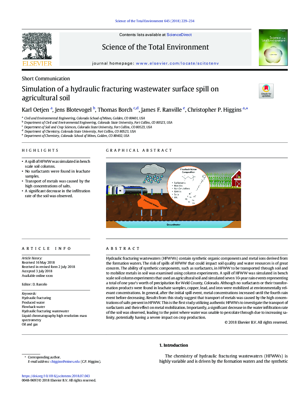 Simulation of a hydraulic fracturing wastewater surface spill on agricultural soil