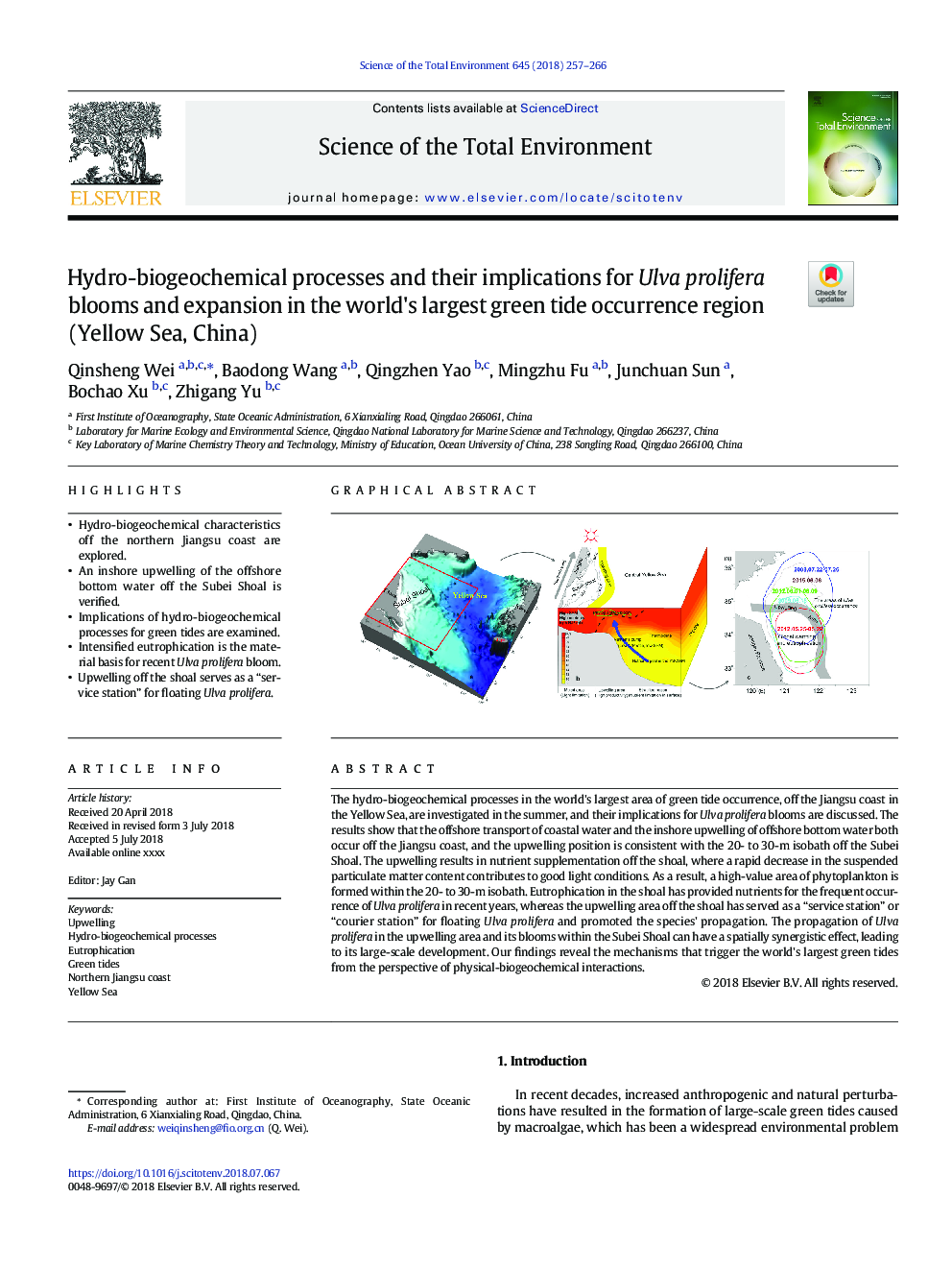 Hydro-biogeochemical processes and their implications for Ulva prolifera blooms and expansion in the world's largest green tide occurrence region (Yellow Sea, China)