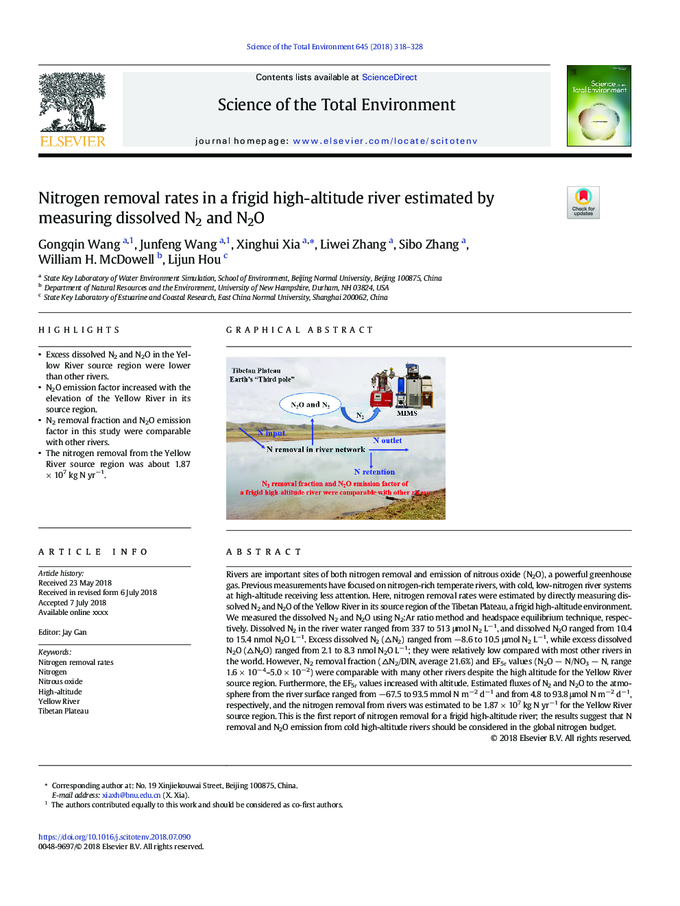 Nitrogen removal rates in a frigid high-altitude river estimated by measuring dissolved N2 and N2O