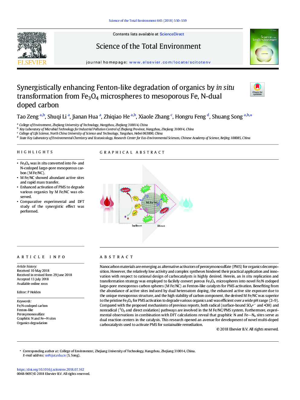 Synergistically enhancing Fenton-like degradation of organics by in situ transformation from Fe3O4 microspheres to mesoporous Fe, N-dual doped carbon