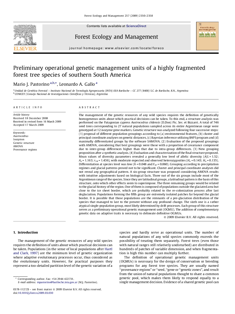 Preliminary operational genetic management units of a highly fragmented forest tree species of southern South America