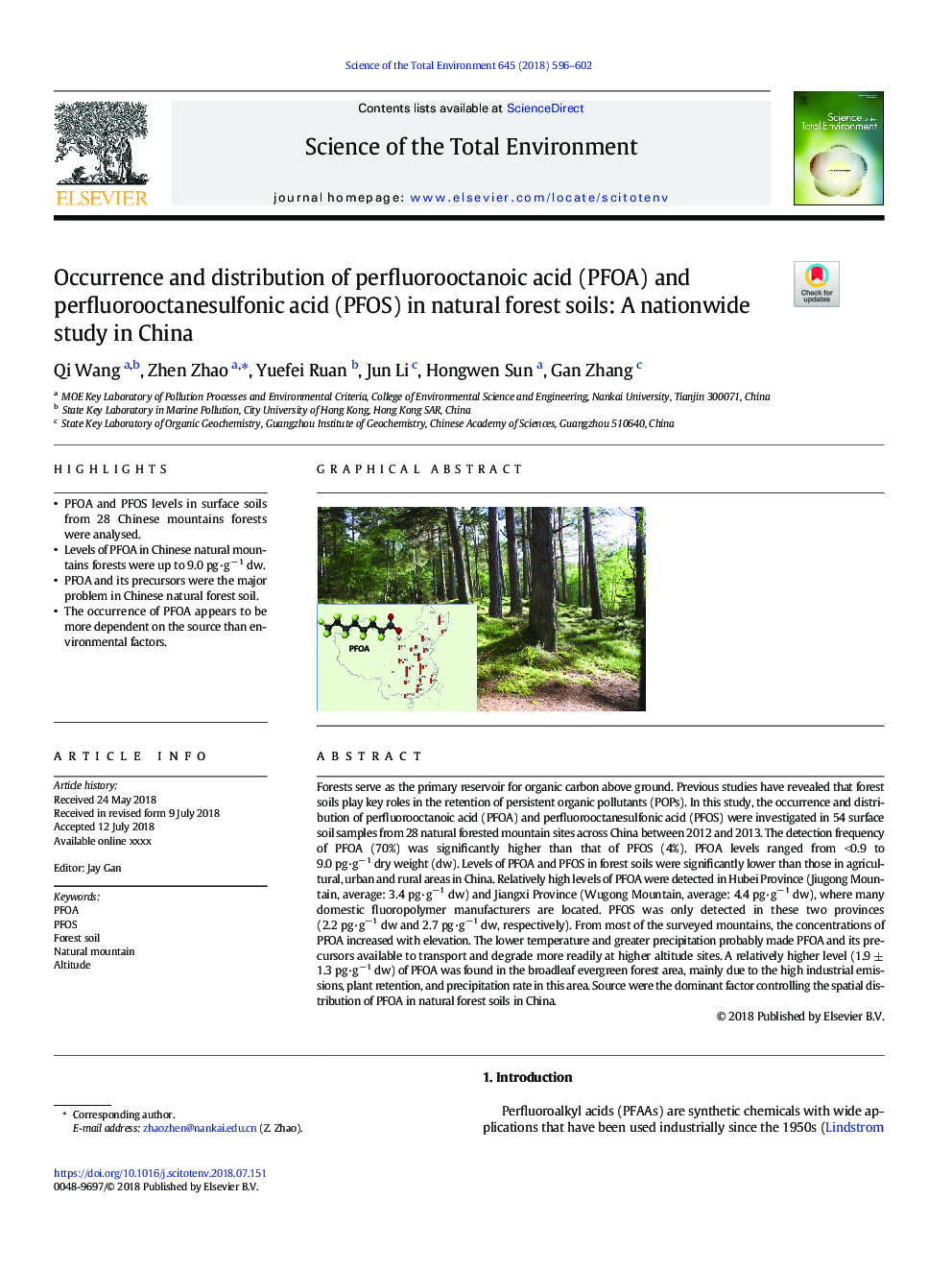 Occurrence and distribution of perfluorooctanoic acid (PFOA) and perfluorooctanesulfonic acid (PFOS) in natural forest soils: A nationwide study in China