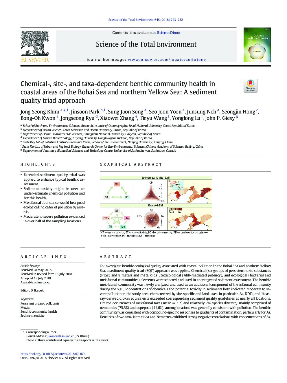 Chemical-, site-, and taxa-dependent benthic community health in coastal areas of the Bohai Sea and northern Yellow Sea: A sediment quality triad approach