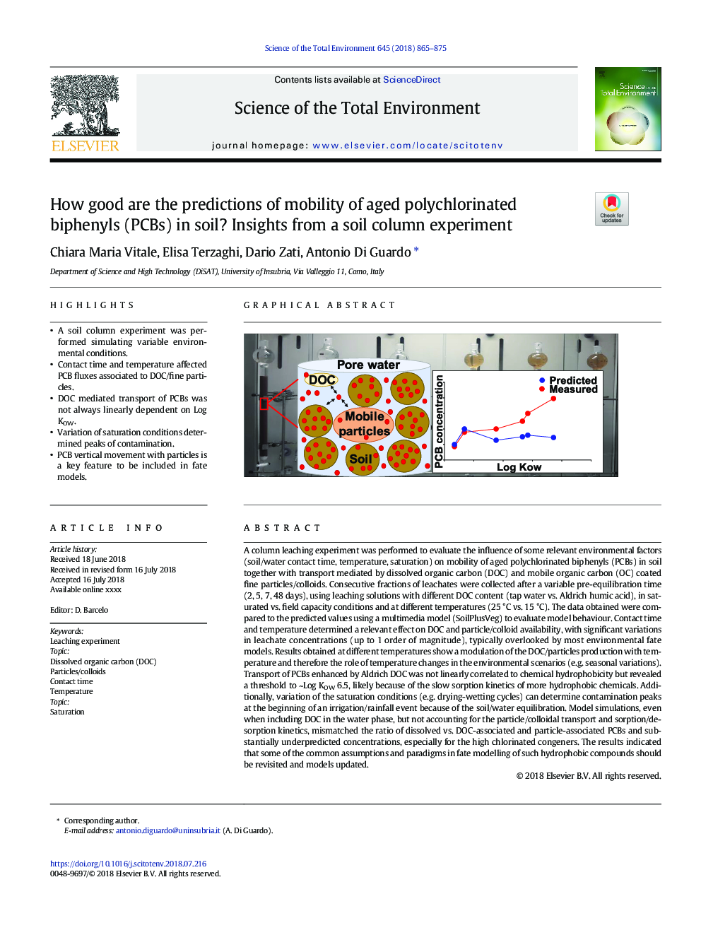 How good are the predictions of mobility of aged polychlorinated biphenyls (PCBs) in soil? Insights from a soil column experiment