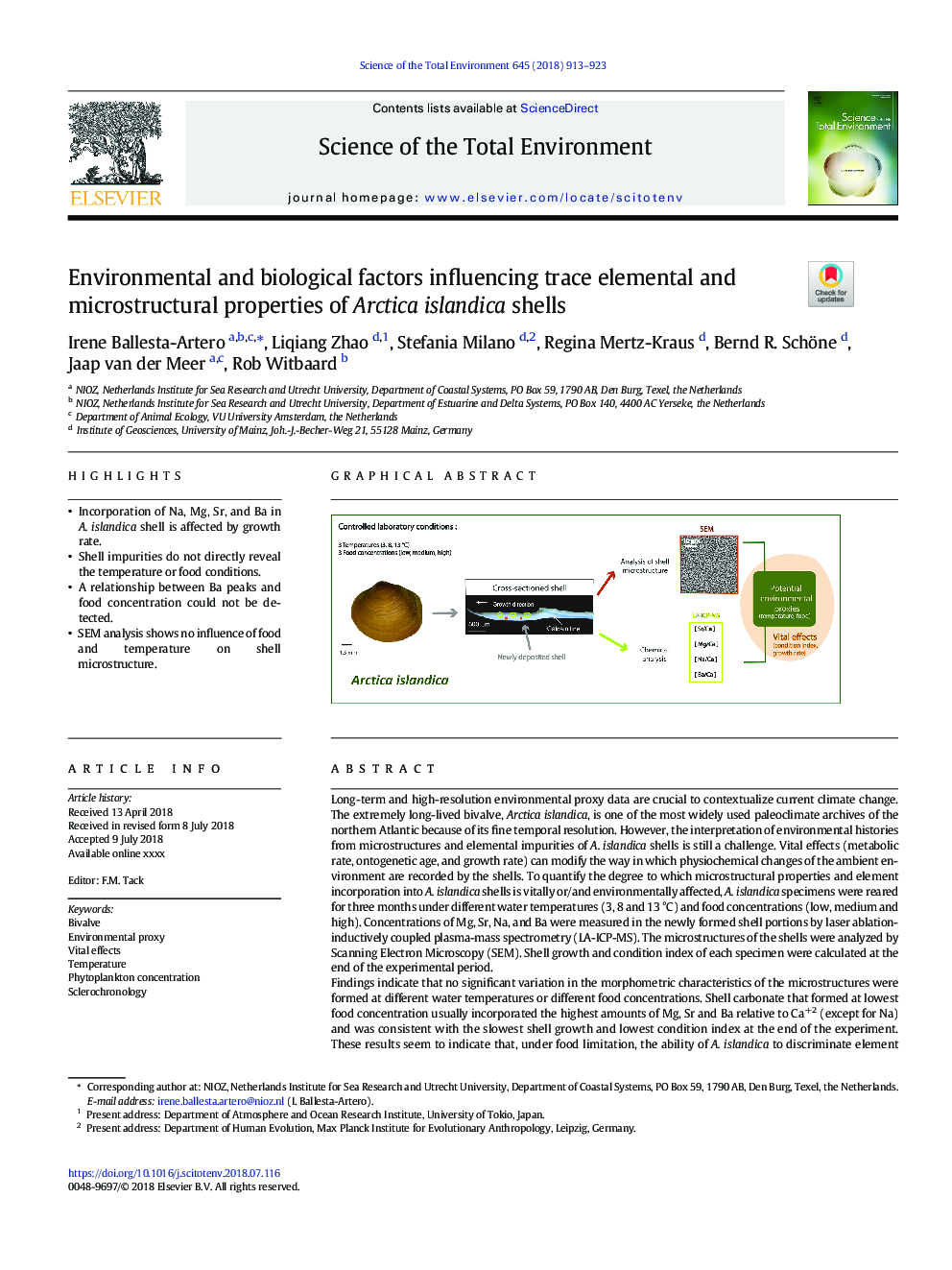 Environmental and biological factors influencing trace elemental and microstructural properties of Arctica islandica shells