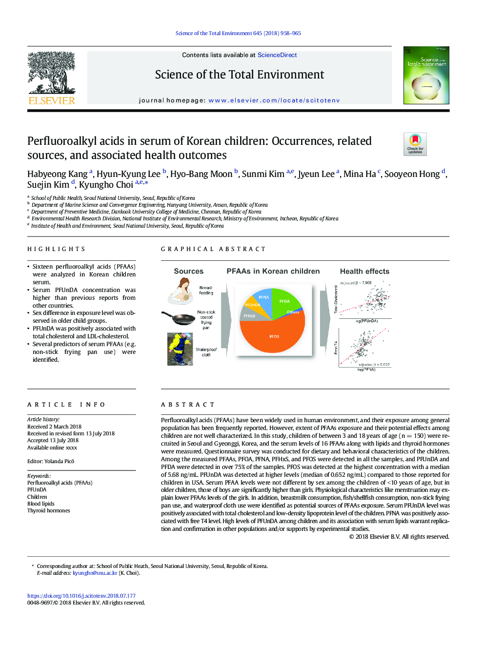 Perfluoroalkyl acids in serum of Korean children: Occurrences, related sources, and associated health outcomes