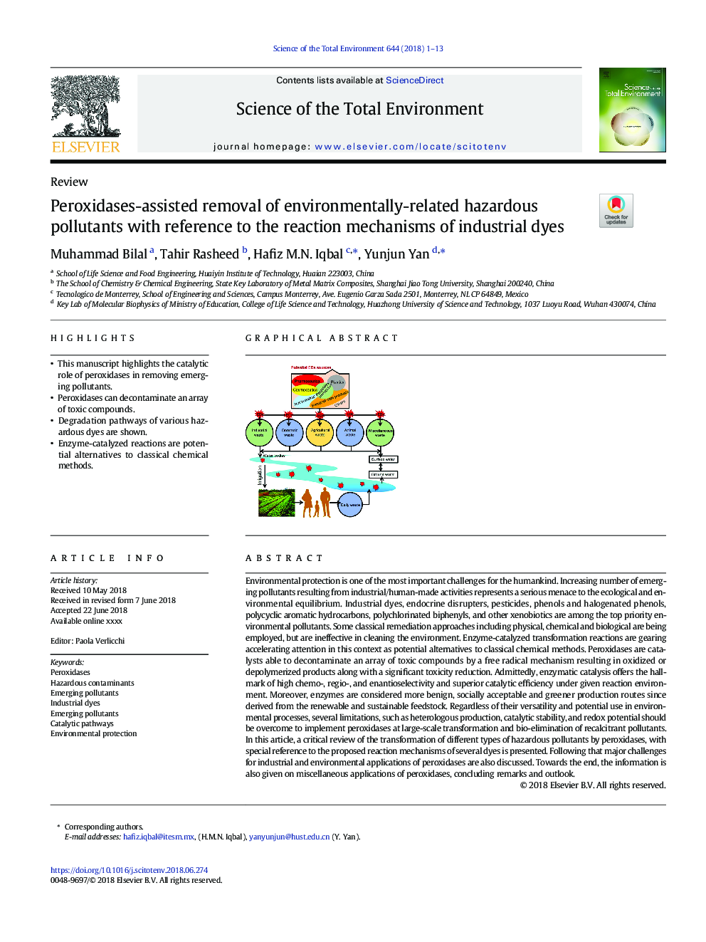 Peroxidases-assisted removal of environmentally-related hazardous pollutants with reference to the reaction mechanisms of industrial dyes