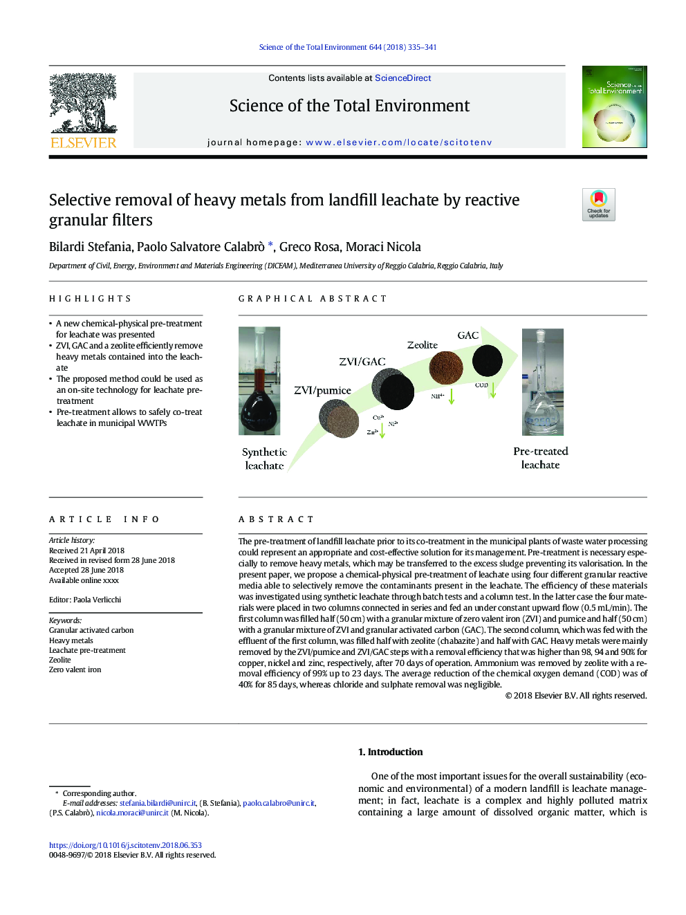 Selective removal of heavy metals from landfill leachate by reactive granular filters