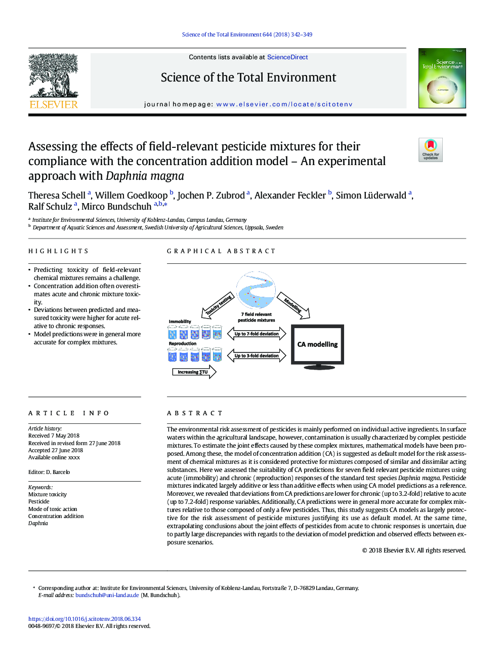 Assessing the effects of field-relevant pesticide mixtures for their compliance with the concentration addition model - An experimental approach with Daphnia magna