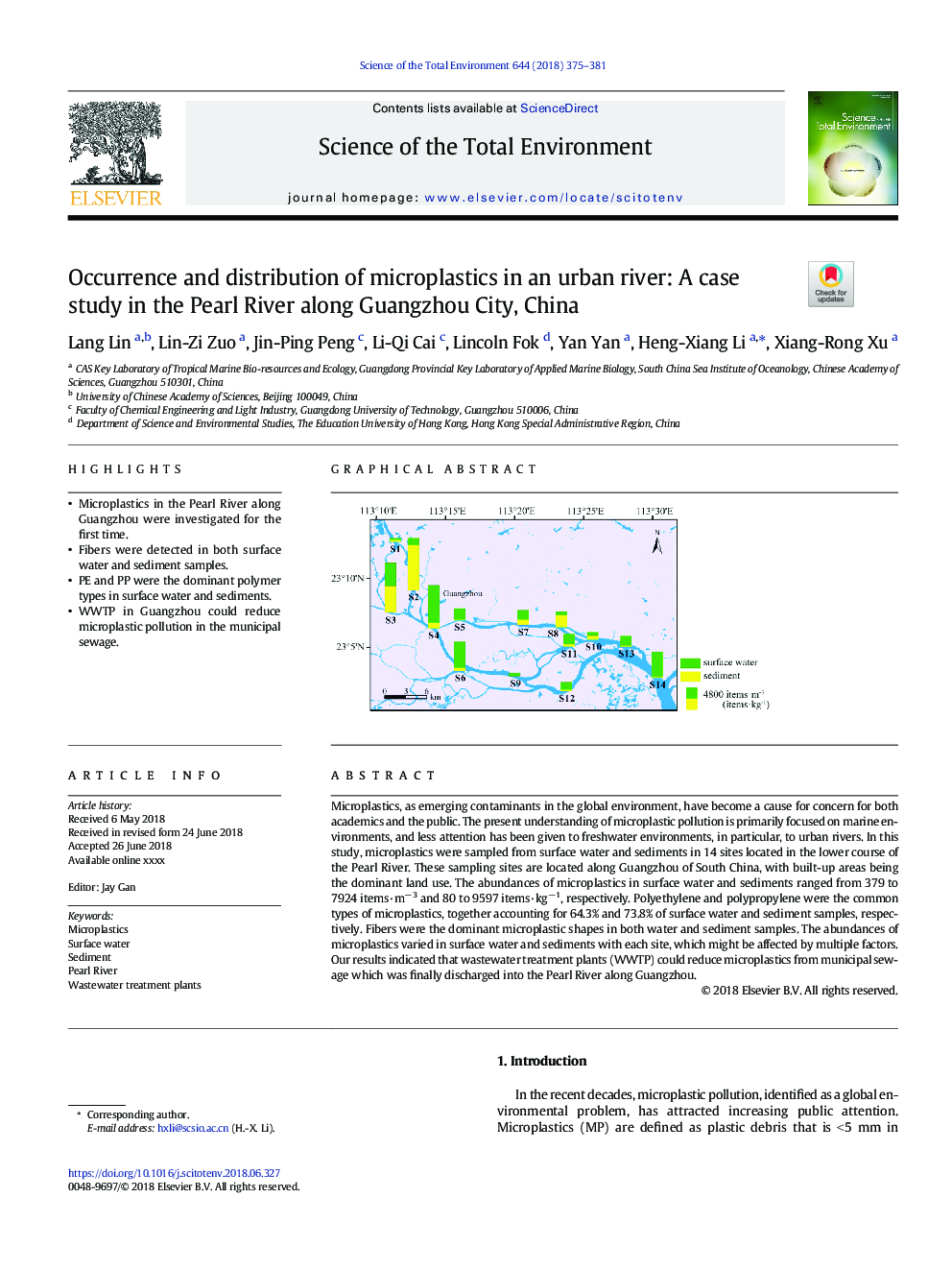 Occurrence and distribution of microplastics in an urban river: A case study in the Pearl River along Guangzhou City, China