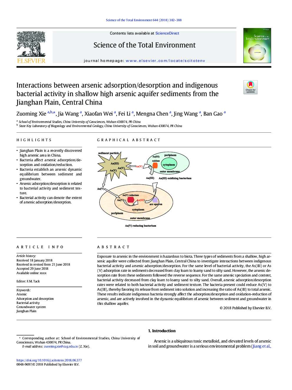 Interactions between arsenic adsorption/desorption and indigenous bacterial activity in shallow high arsenic aquifer sediments from the Jianghan Plain, Central China