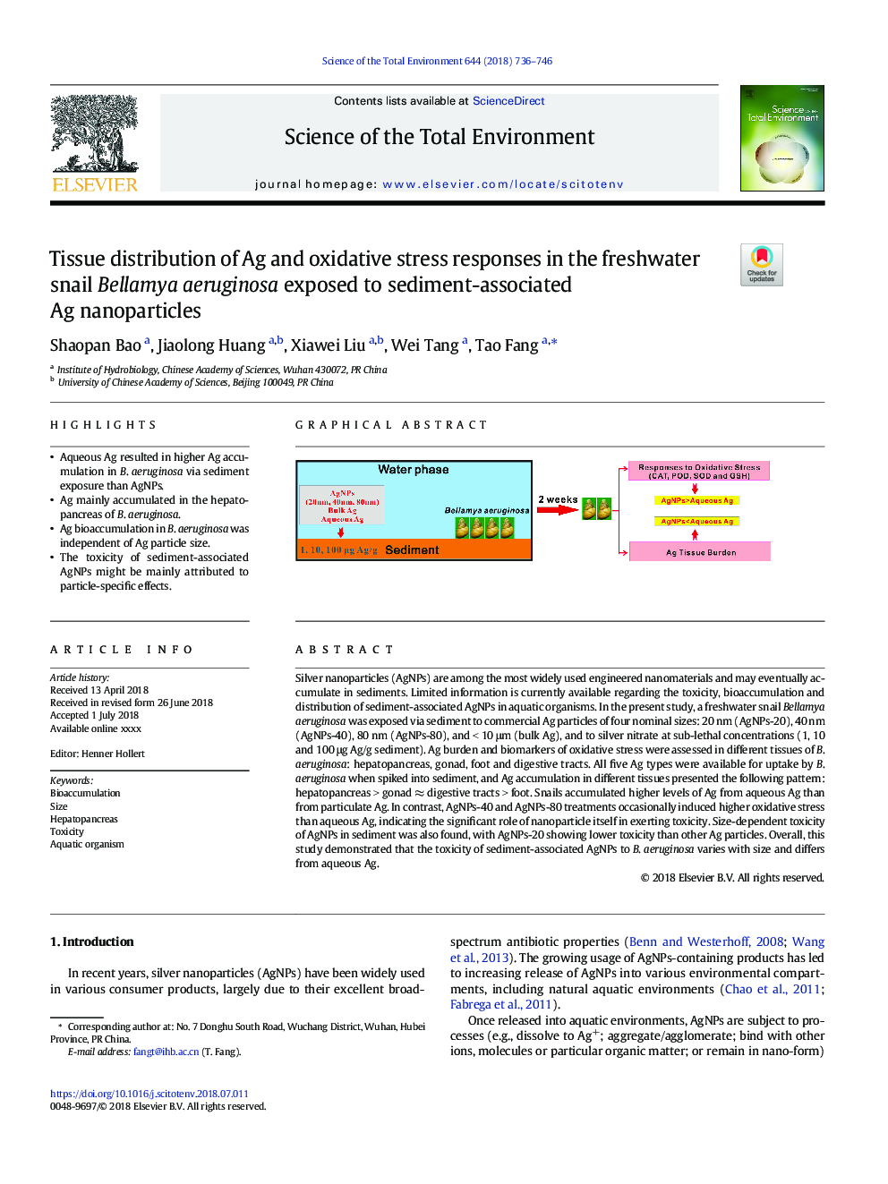 Tissue distribution of Ag and oxidative stress responses in the freshwater snail Bellamya aeruginosa exposed to sediment-associated Ag nanoparticles