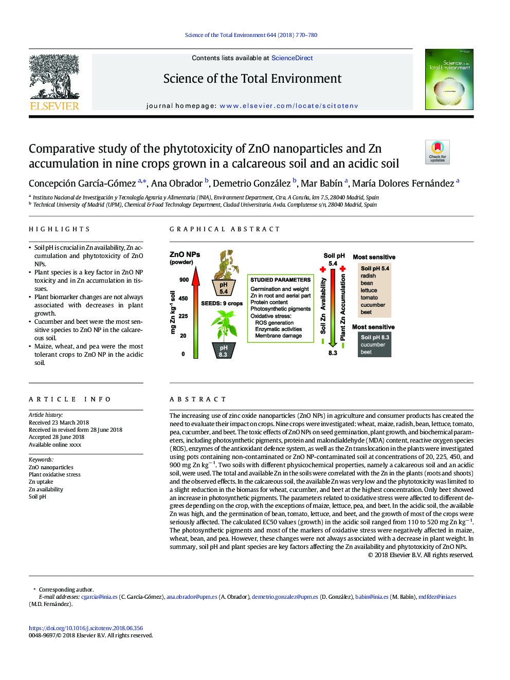 Comparative study of the phytotoxicity of ZnO nanoparticles and Zn accumulation in nine crops grown in a calcareous soil and an acidic soil