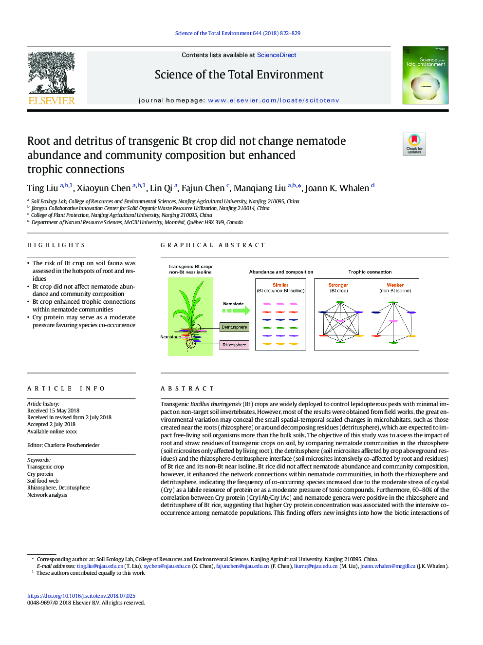 Root and detritus of transgenic Bt crop did not change nematode abundance and community composition but enhanced trophic connections